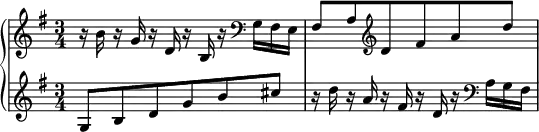 \new PianoStaff <<
\new Staff \relative c'' {
\key g \major \time 3/4
r16 b r g r d r b r \clef bass g fis e |
fis8 a \clef treble d fis a d |
}
\new Staff \relative c' {
\key g \major
g8 b d g b cis |
r16 d r a r fis r d r \clef bass a g fis |
}
>>