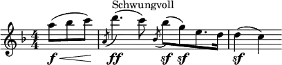  \relative c'' { \clef treble \key f \major \numericTimeSignature \time 4/4 \partial 8*3 a'8(\f\< bes c)\! | \slashedGrace { a,( } d'4.)(\ff^"Schwungvoll" c8) \slashedGrace { bes,( } bes'\sf)([ g\sf) e8. d16] | d4\sf( c) } 