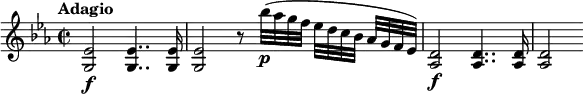 
\relative c' {
  \key es \major
  \tempo "Adagio"
  \time 2/2
  \tempo 4 = 54
  <es g,>2\f q4.. q16 |
  q2 r8 bes''32\p( as g f es d c bes as[ g f es]) |
  <aes, d>2\f q4.. q16 |
  q2
}
