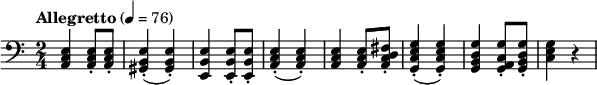 
\new Score {
  \new Staff {
    \relative c {
      \set Staff.midiInstrument = #"cello"
      \time 2/4
      \key a \minor
      \clef bass
      \tempo "Allegretto" 4 = 76
      <a c e>4 q8-. q-.
      <gis b e>4-.(q-.)
      <e b' e> q8-. q-.
      <a c e>4-.(q-.)
      <a c e>4 q8-. <a c d fis>-.
      <g c e g>4-.(q-.)
      <g b d g>4 <g a c g'>8-. <g b d g>-.  
      <c e g>4 r4      
    }
  }
}
