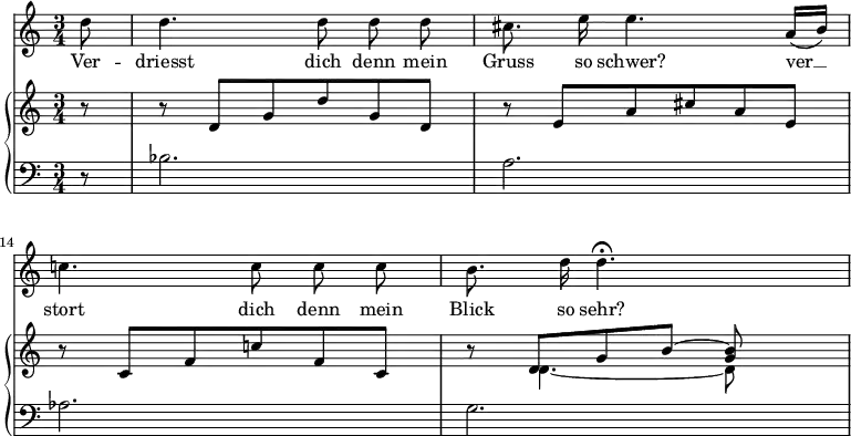 
\layout { \context { \Score \accidentalStyle no-reset } }
<<
  \new Staff \fixed c' {
    \time 3/4 \partial 8
    \omit Score.MetronomeMark \tempo 4=90
    \autoBeamOff
    \set Score.currentBarNumber = 12
    \set Score.barNumberVisibility = #all-bar-numbers-visible
    \set Staff.midiInstrument = "choir aahs"
    d'8 | 4. 8 8 8 | cis'8. e'16 4. a16[( b]) | c'4. 8 8 8 | b8. d'16 4.\fermata s8 |
  }
  \addlyrics {
    Ver -- driesst dich denn mein Gruss so schwer? ver __
    stort dich denn mein Blick so sehr?
  }
  \new PianoStaff <<
    \new Staff \fixed c' {
      r8 | r d g d' g d | r e a cis' a e | \break
      r c f c' f c | r << { d[ g b]~ <g b> } \\ { d4.~ 8 } >> s8 |
    }
    \new Staff { \clef bass r8 | bes2. | a | aes | g | }
  >>
>>
