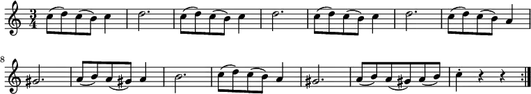 \relative a'' {
\key a \minor
\time 3/4
\tempo " "
\tempo 4 = 180
\repeat volta 2 {
c,8 (d) c (b) c4 d2.
c8 (d) c (b) c4 d2.
c8 (d) c (b) c4 d2.
c8 (d) c (b) a4 gis2.
a8 (b) a (gis) a4 b2.
c8 (d) c (b) a4 gis2.
a8 (b) a (gis) a (b) c4\staccato r4 r }
}