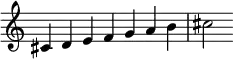 {
\override Score.TimeSignature #'stencil = ##f
\relative c' { 
  \clef treble \time 7/4
  cis4 d e f g a b cis2 }
}

