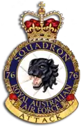 Crest of 76 Squadron, Royal Australian Air Force, featuring a growling black panther, and the motto "Attack"