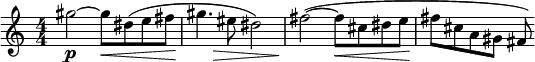  \relative c''' {
    \set Score.tempoHideNote = ##t
    \numericTimeSignature
    \tempo 4 = 126
    \set Staff.midiInstrument = #"alto sax"
    gis2\p ~ gis8\< dis (e fis gis4.\! 
	\once \override Hairpin.shorten-pair = #'(-2 . 0)
	\> eis8 dis2) fis2 \! ~ (fis8 \< cis dis e fis\! cis a gis fis)
 }
