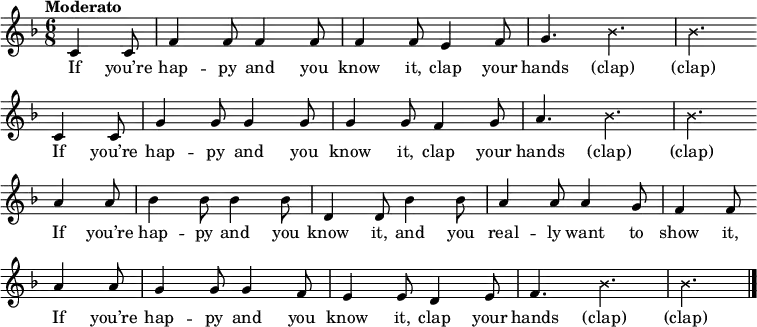 \transpose c, f {
\key c \major \time 6/8 \tempo "Moderato" \tempo 4. = 110
\set Staff.midiInstrument = #"piano" \partial 4. g,4 g,8 | c4 c8 c4 c8 | c4 c8 b,4 c8 | d4.
\set Staff.midiInstrument = #"woodblock" \xNotesOn f4. | f4. \xNotesOff \bar "" \break
\set Staff.midiInstrument = #"piano" g,4 g,8 | d4 d8 d4 d8 | d4 d8 c4 d8 | e4. 
\set Staff.midiInstrument = #"woodblock" \xNotesOn f4. | f4. \xNotesOff \bar "" \break
\set Staff.midiInstrument = #"piano"  e4 e8 | f4 f8 f4 f8 | a,4 a,8
f4 f8 | e4 e8 e4 d8 | c4 c8 \bar "" \break
e4 e8 | d4 d8 d4 c8 | b,4 b,8 a,4 b,8 | c4.
\set Staff.midiInstrument = #"woodblock" \xNotesOn f4. | f4. \xNotesOff \bar "|." }
\addlyrics {
If you’re hap -- py and you know it, clap your hands (clap) (clap)
If you’re hap -- py and you know it, clap your hands (clap) (clap)
If you’re hap -- py and you know it, and you real -- ly want to show it,
If you’re hap -- py and you know it, clap your hands (clap) (clap)
}
