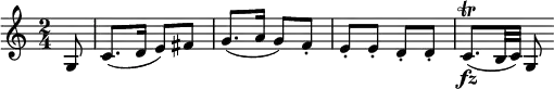 
\relative a { 
\key c \major
\time 2/4 
\tempo ""
\tempo 4 = 60
\partial 8
g8
c8. (d16 e8) fis
g8. (a16 g8) f\staccato
e\staccato e\staccato d\staccato d\staccato
c8.\fz\trill (b32 c32) g8 
}
