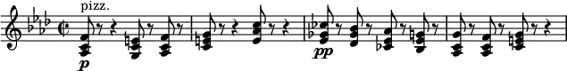 
\relative c' {
    \new Staff {
      \set Staff.midiInstrument = #"pizzicato strings" \key f \minor \clef treble \time 2/2 \set Score.tempoHideNote = ##t \tempo 2 = 50
      <as c f>8 ^"pizz." \p r8 r4 <g c e>8 r8 <as c f>8 r8 |
      <c e g>8 r8 r4 <e as c>8 r8 r4 |
      <es ges ces>8 \pp r8 <des ges bes>8 r8 <ces es as>8 r8 <bes es g>8 r8 |
      <as c g'>8 r8 <as c f>8 r8 <c e g>8 r8 r4 |
    }
}

