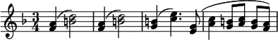 
\relative c' {
\key f \major
\time 3/4
\set Timing.beamExceptions = #'()
\set Score.tempoHideNote = ##t
\tempo 4 = 160
<f a>4( <b d>2)
<f a>4( <b d>2)
<g b>4( <c e>4.) <e, g>8(
<a c>4 <g b>8 <a c> <g b> <f a>)
}
