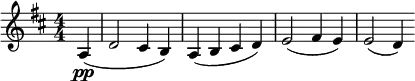 \relative c' { \clef treble \numericTimeSignature \time 4/4 \key d \major \partial 4*1 a4\pp( | d2 cis4 b) | a( b cis d) | e2( fis4 e) | e2( d4) }