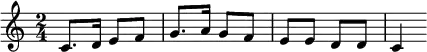 
\relative a { 
\key c \major
\time 2/4 
\tempo ""
\tempo 4 = 60
c8. d16 e8 f
g8. a16 g8 f
e e d d
c4
}
