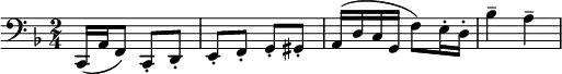 
 \relative c 
{
\clef bass \key f \major \time 2/4 c,16( a' f8) c-. d-. e-. f-. g-. gis-. a16( d c g f'8) e16-. d-. bes'4-- a--
}
