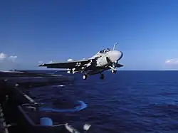 An A-6E SWIP Intruder of VA-115 launching off the USS Independence in 1995.
