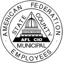 A round graphic featuring a triangle icon with an image of the US capitol building, interspersed with the full name of AFSCME, as well as the acronym of AFL-CIO.