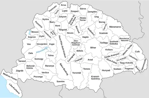 Map of the counties of the Kingdom of Hungary, 1886-1918