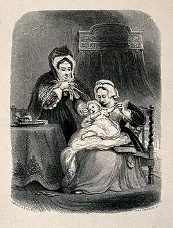 Wood engraving of a woman holding a child while another woman touches it tenderly