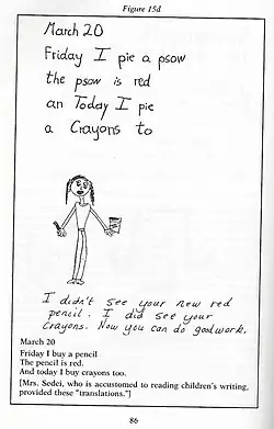 Mrs. Sedei writing with Catalina, a first grade student from Colombia, learning English