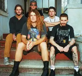 Acid Bath in 1994. From left: Mike Sanchez, Jimmy Kyle (at back), Audie Pitre (in front), Dax Riggs, Sammy Duet.