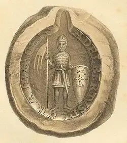 A seal depicting Albrecht the Bear with the Latin inscription indicating his title as Margrave of Brandenburg