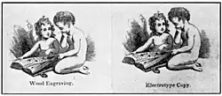Two similar images, each showing 2 children reading a magazine. One child is seated on a floor and holds the magazine; the second child is kneeling. The left image has the description "Wood Engraving." underneath it; the right image has the description "Electrotype Copy." underneath it. The two images are nearly identical.