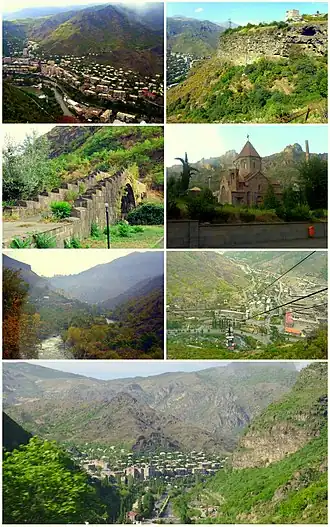 From top left: Alaverdi skyline&nbsp;• Old caves in Alaverdi Sanahin Bridge&nbsp;• Gregory of Narek Church Debed River&nbsp;• The copper combine and cable car Panoramic view of Alaverdi