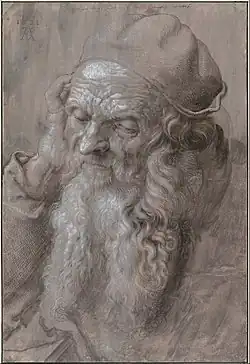 Head of an 93-Year-Old Man, 1521, brush, ink, heightened w/ gouache, on gray-violet prepared paper, 41.5&nbsp;×&nbsp;28.2&nbsp;cm, Albertina (3167). Study for the St. Jerome