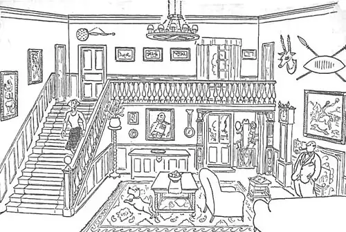 interior of large room in 20th-century country house, with staircase between large sitting room and first-floor balcony with doors and windows off