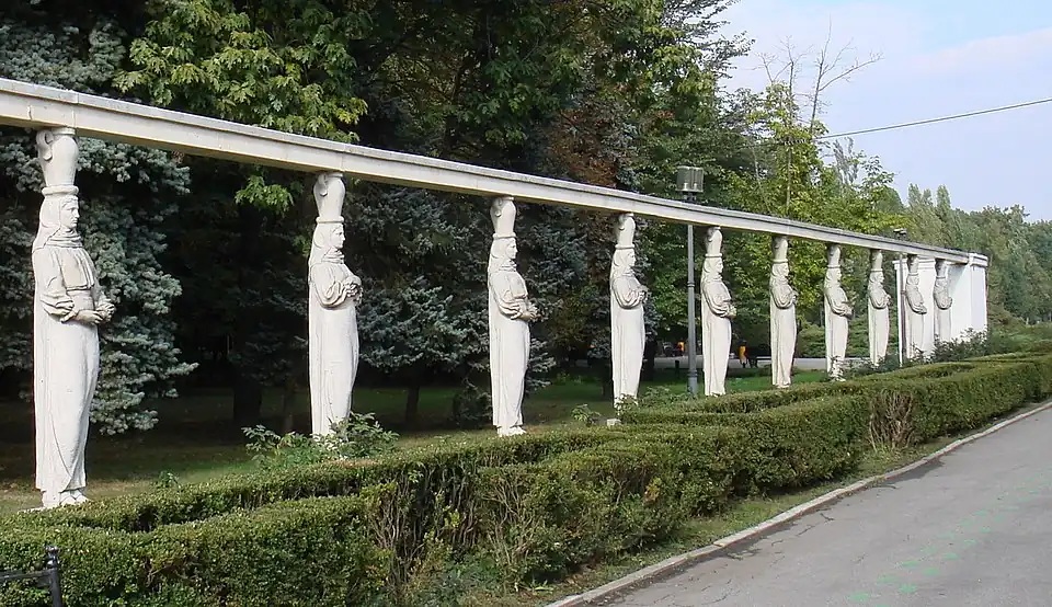 Neoclassical caryatids of the Alley of Caryatids in the Herăstrău Park, Bucharest, dressed like Romanian peasant women, sculpted by Constantin Ricci, 1939[32]