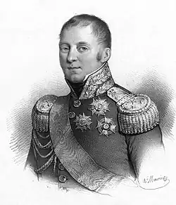 Black and white print shows a clean-shaven man wearing an elaborate military uniform with lots of embroidery.