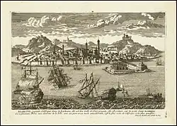 Drawing of a coastal city with sailing ships near the harbor