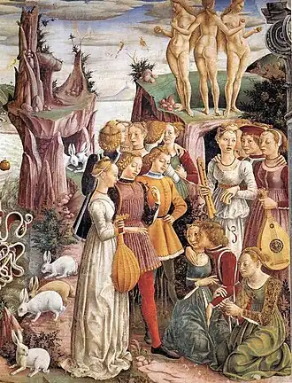 Allegory of April. A fresco in the Hall of the Months in the Schifanoia Palace, Ferrara. Francesco del Cossa, Ercole de’ Roberti[55] and Gherardo di Andrea Fiorini.[54] Around 1469