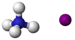 ball-and-stick model of an ammonium cation (left) and an iodide anion (right)