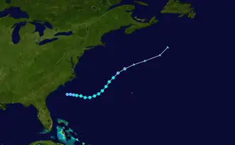 A map plotting the path and intensity of a tropical storm off the United States East Coast