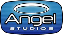 A halo and the words "Angel" and "Studios" in white and with black outlines are aligned vertically. They lay on an oval with gradationally darker shades of blue and a black outline.