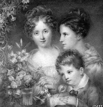 Ann Hall, Her Sister Eliza Hall Ward, and Her Nephew Henry Hall Ward, 1828. Miniature on ivory, 4+1⁄4 x 4+1⁄4 in., New-York Historical Society, New York, New York