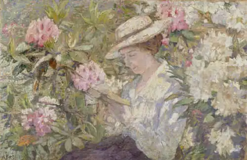 Femme lisant dans un massif de rhododendrons, (around 1900) 67 x 106&nbsp;cm.