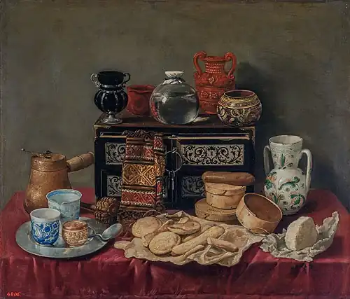 Furniture, delftware, maiolica, and ceramics. Still Life with an Ebony Chest by Antonio de Pereda; c. 1652, 80 × 94&nbsp;cm, Hermitage Museum.