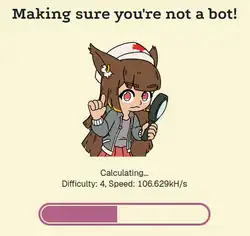 Screenshot reading "Making sure you're not a bot!". Below the text is a drawing of the Anubis mascot holding a magnifying glass, and a progress bar.