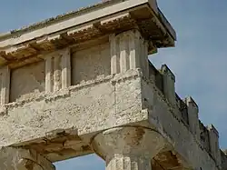 Triglyphs (slotted for the insertion of metopes) in the Doric frieze of the Temple of Aphaia.
