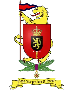 Coat of arms of the Belgian Royal Military Academy (shield seen in the middle of the red field with a crown and a sword right thru the middle)