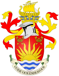 The arms of Suffolk County Council afford an example of a crest-coronet. The crest is placed upon an "ancient crown" rather than the usual torse