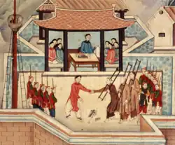 Painting depicts the trial of three Catholics in Ninh Bình in 1838, where they were forced to step on the cross.