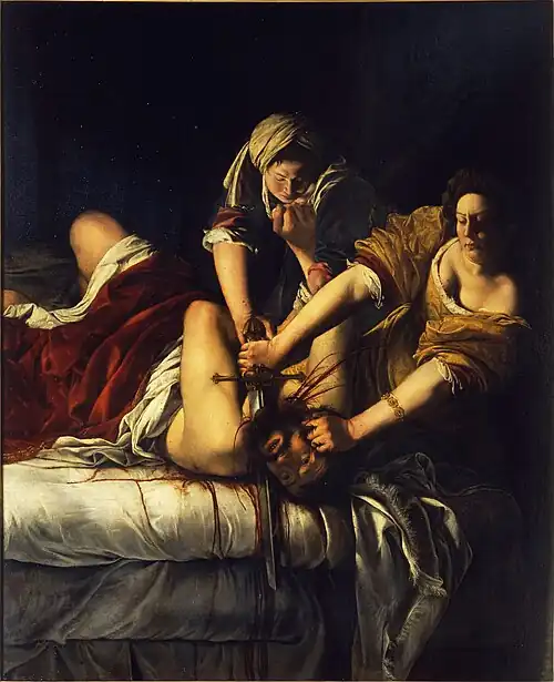 Judith Slaying Holofernes; by Artemisia Gentileschi; 1611–1612; oil on canvas; 163 x 126&nbsp;cm; Uffizi, Florence, Italy[106]