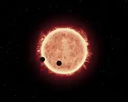 Artist's view of planets transiting red dwarf star in TRAPPIST-1 system[16]