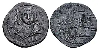 Coinage of Kara Arslan, dated AH 562 (1166–1167 CE). Artuqid coinage was very figural, "with its apparent classical and Byzantine motifs and representations".[5]