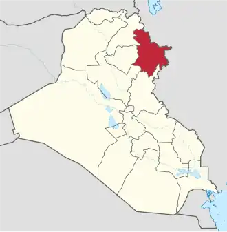 Location of the Sulaymaniyah Governorate (red) – in Iraq (red, beige & light grey) – in the Kurdistan Region (red & beige)