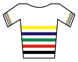 A white jersey with thin horizontal lines : yellow, navy blue, green, red, black