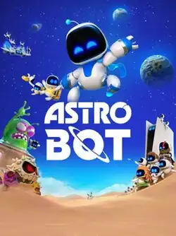Cover art featuring an anthropomorphic robot jumping in an arid planet in the center, in front of space and other planets. On the left, there are several monsters, and on the right are other robots.
