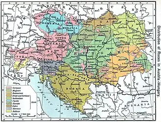 1911 map depicting the Austro-Hungarian Empire, with Ruthenians in light green