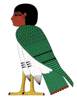 An anthropomorphic bird with a human head in ancient Egyptian style, colored in green, yellow, white, red, brown, and black